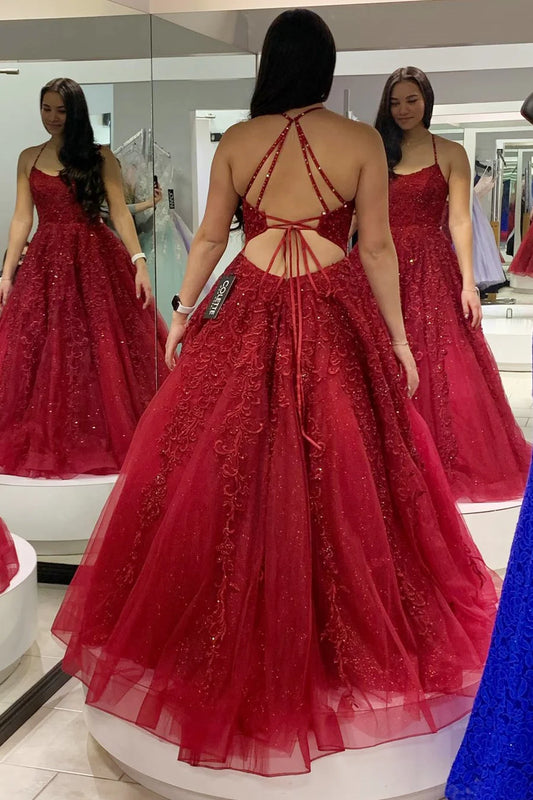 A-line decal lace up long formal dress