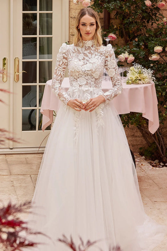A-line decal long sleeved wedding dress