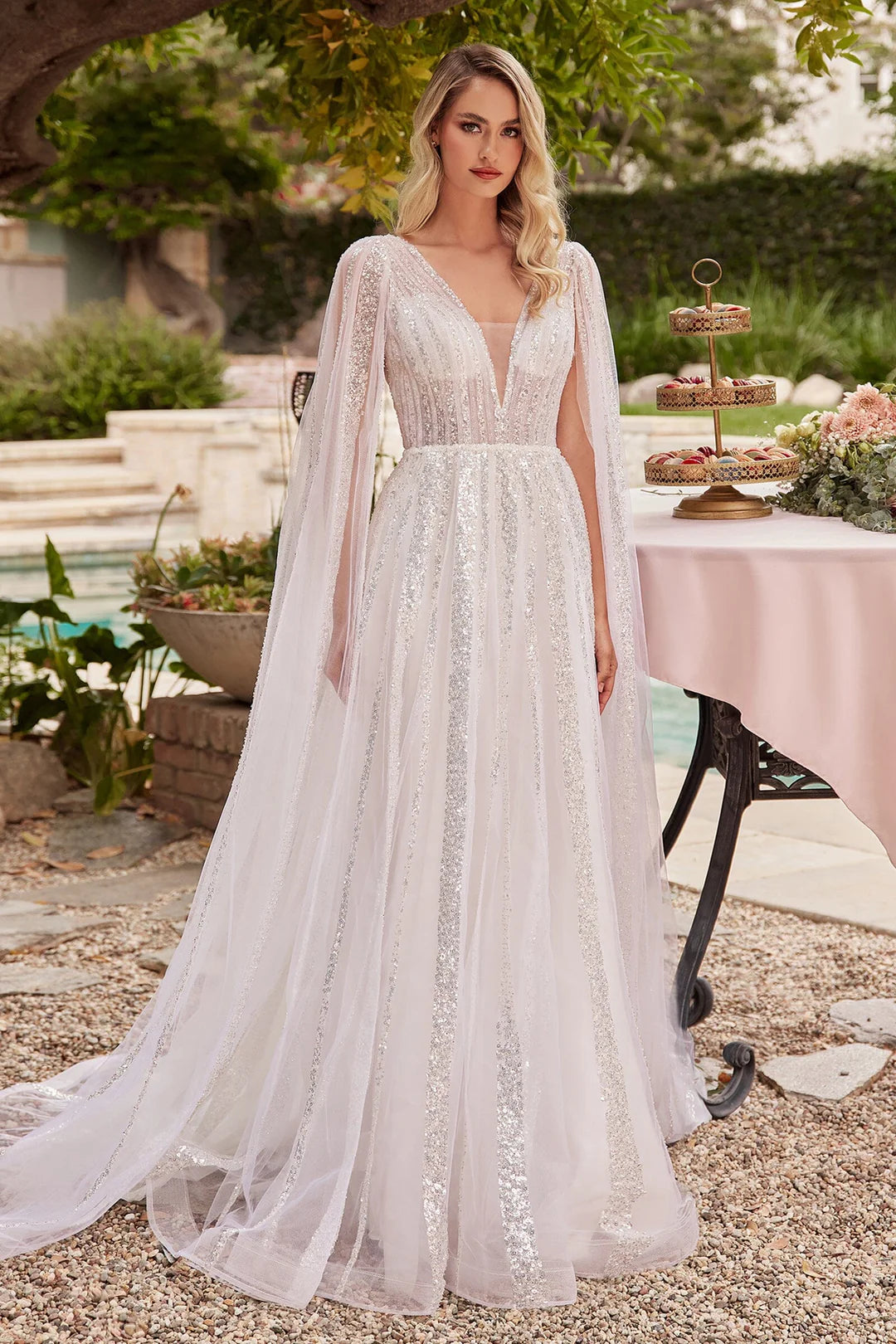 A-line deep V-sequin wedding dress with sheer shawl