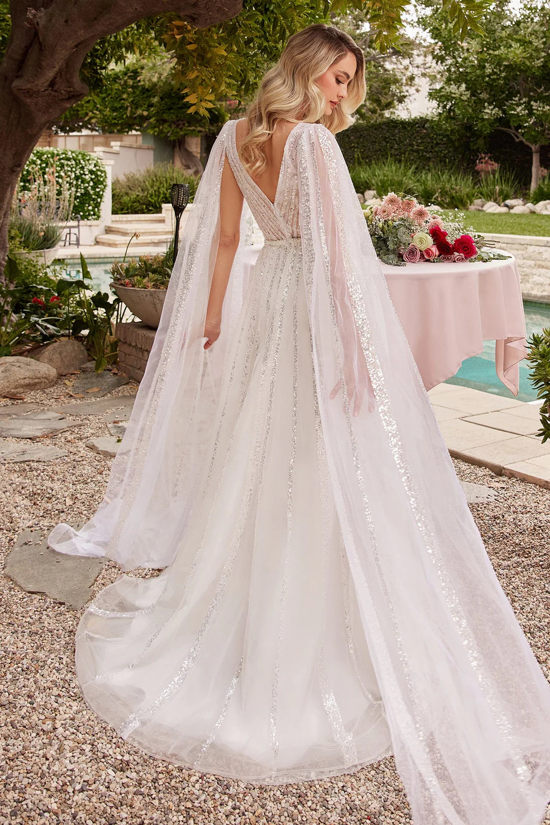 A-line deep V-sequin wedding dress with sheer shawl