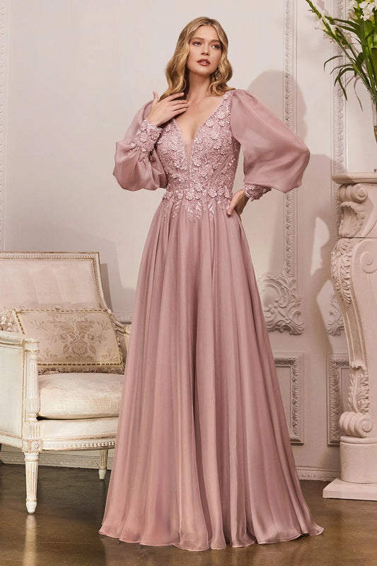 A-line deep v sacred long sleeved chiffon dress