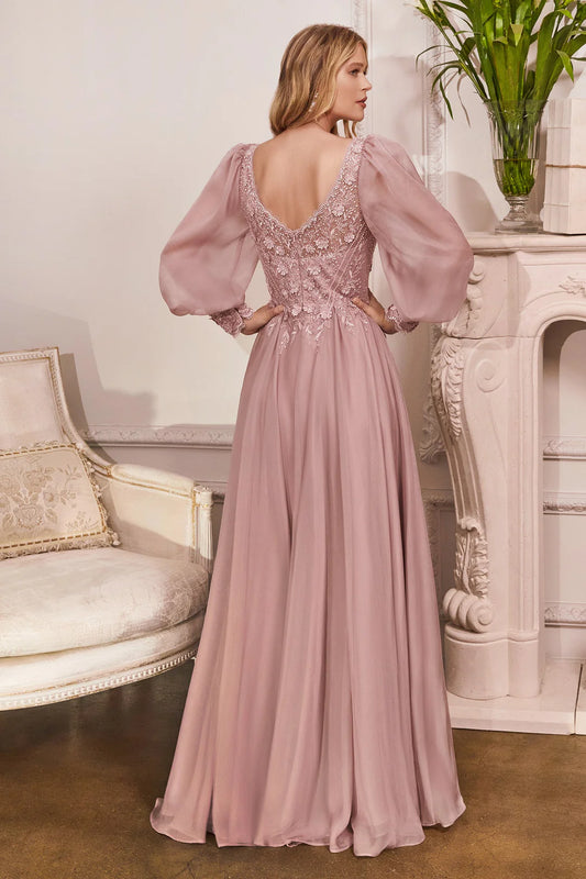 A-line deep v sacred long sleeved chiffon dress