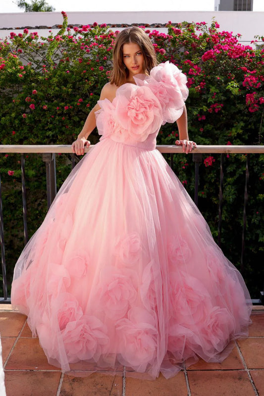 A-line flower three-dimensional dress, single shoulder multi-layer sheer fabric