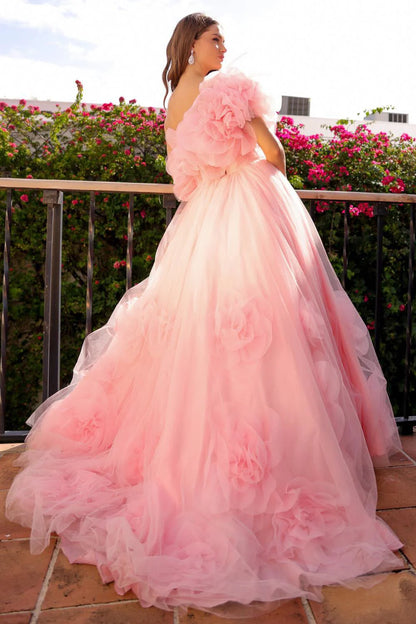 A-line flower three-dimensional dress, single shoulder multi-layer sheer fabric