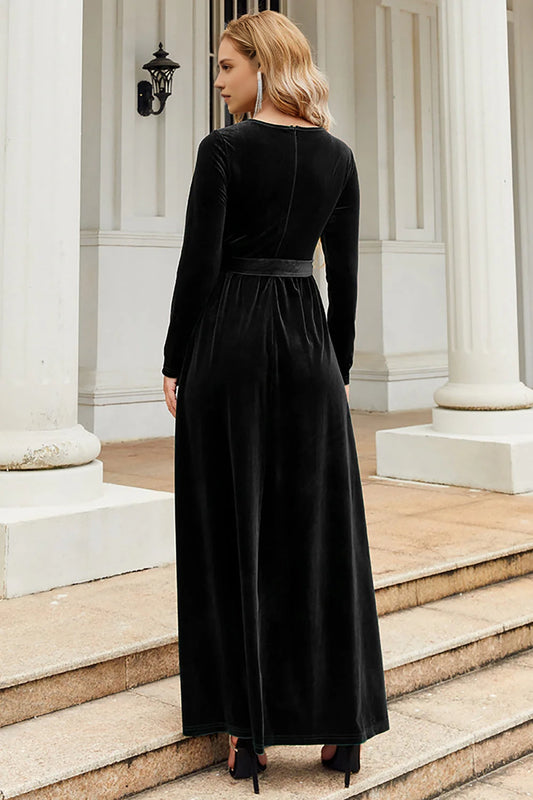 A-line gemstone neck velvet floor length skirt