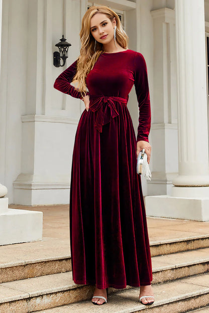 A-line gemstone neck velvet floor length skirt