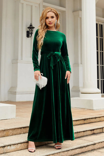 A-line gemstone neck velvet floor length skirt