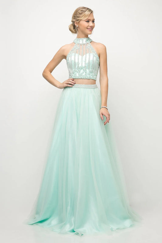 A-line hanging neck sleeveless backless top two-piece formal dress