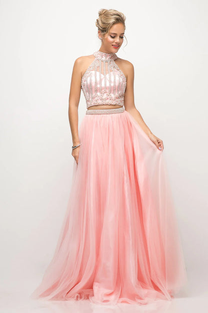 A-line hanging neck sleeveless backless top two-piece formal dress