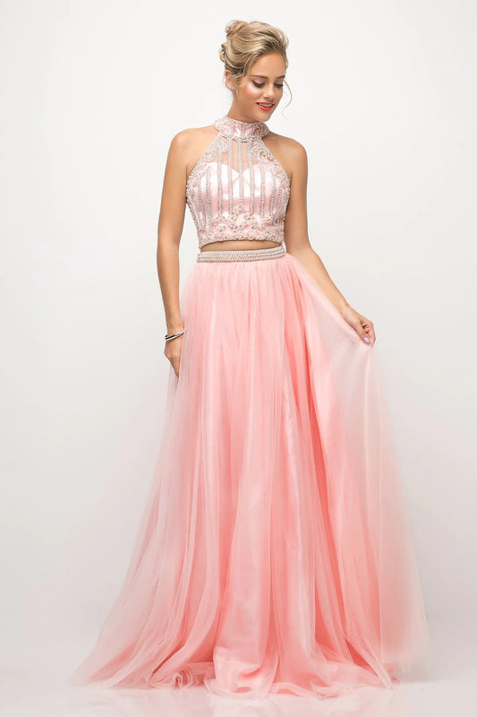 A-line hanging neck sleeveless backless top two-piece formal dress