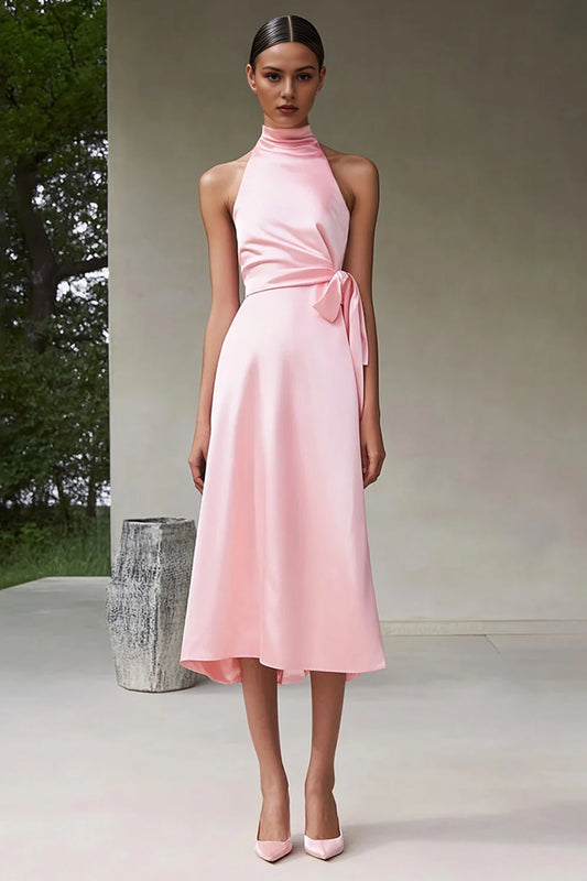 A-line high neck pleated long satin formal suit