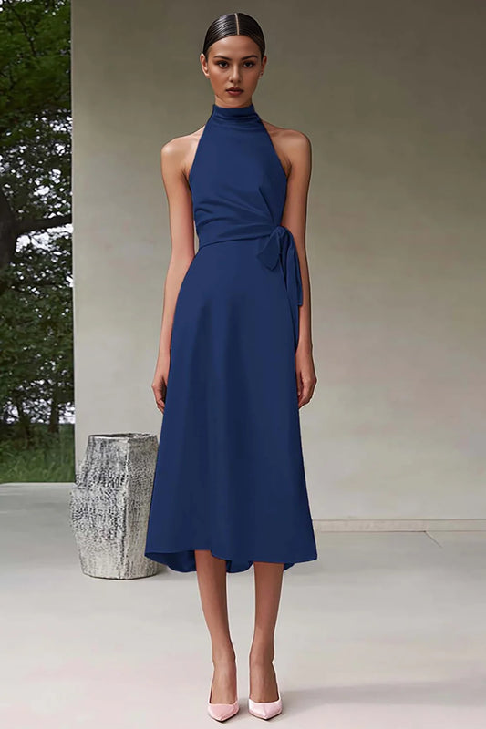 A-line high neck pleated long satin formal suit