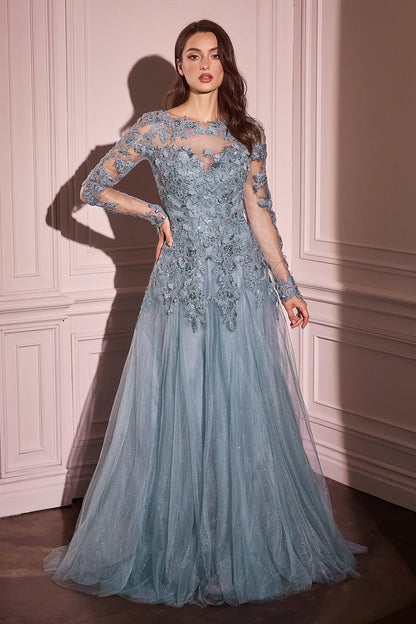 A-line lace applique long sleeved transparent V-neck dress