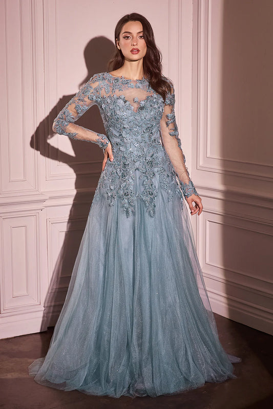 A-line lace applique long sleeved transparent V-neck dress
