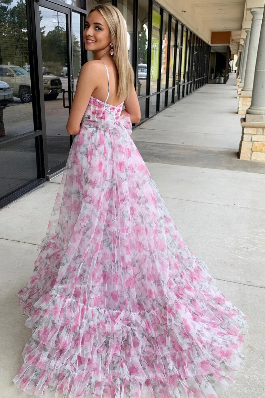 Printed camisole keyhole A-line long ball dress