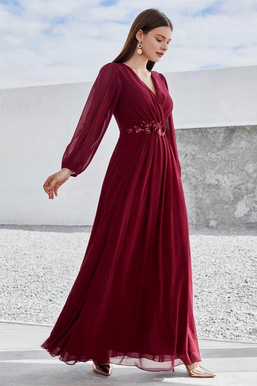 A-line long sleeved floor standing bridal mother gown
