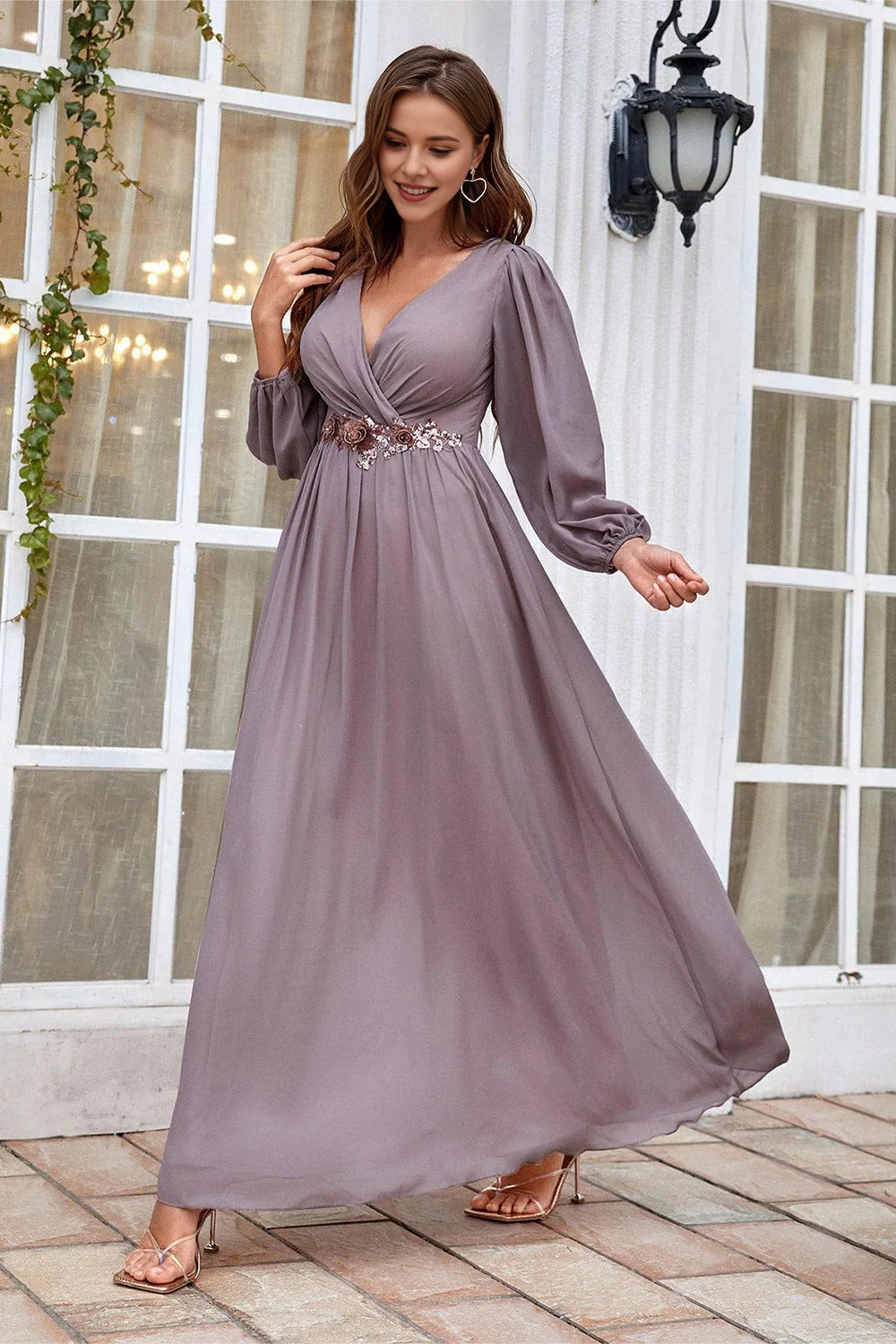 A-line long sleeved floor standing bridal mother gown