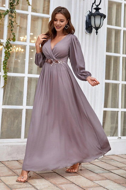 A-line long sleeved floor standing bridal mother gown