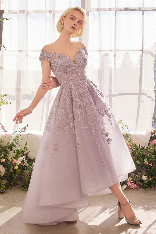 A-line off shoulder irregular skirt dress with applique rhinestones