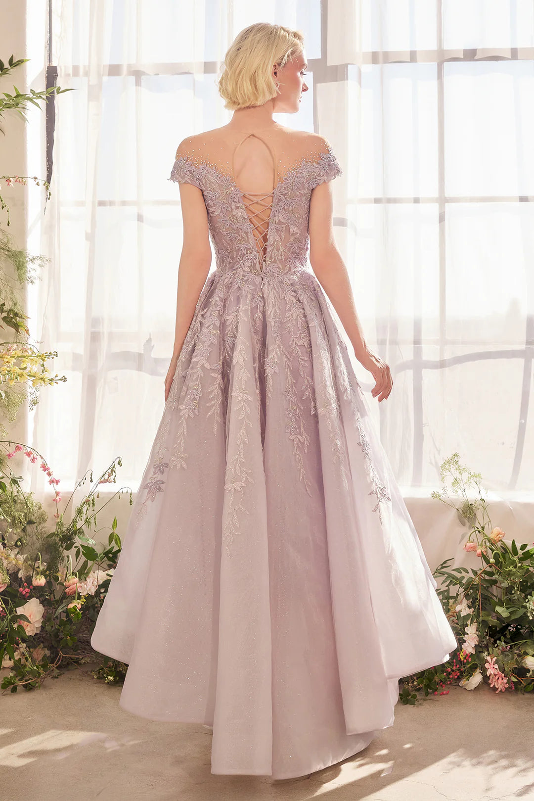 A-line off shoulder irregular skirt dress with applique rhinestones