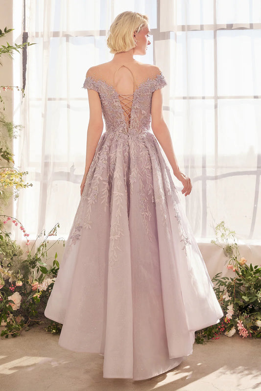 A-line off shoulder irregular skirt dress with applique rhinestones