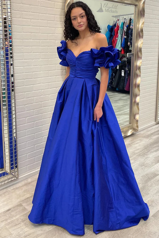A-line off shoulder pleated sleeve ball gown