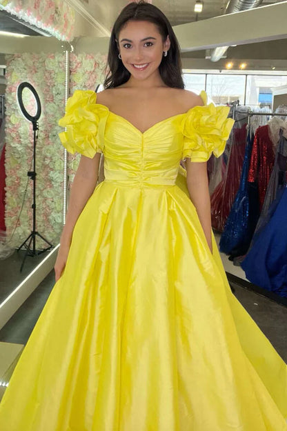 A-line off shoulder pleated sleeve ball gown