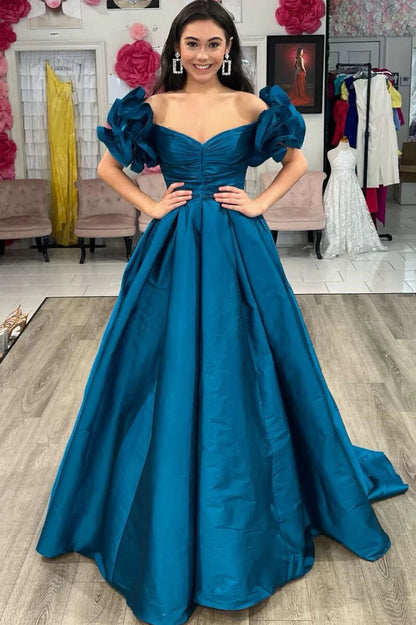 A-line off shoulder pleated sleeve ball gown