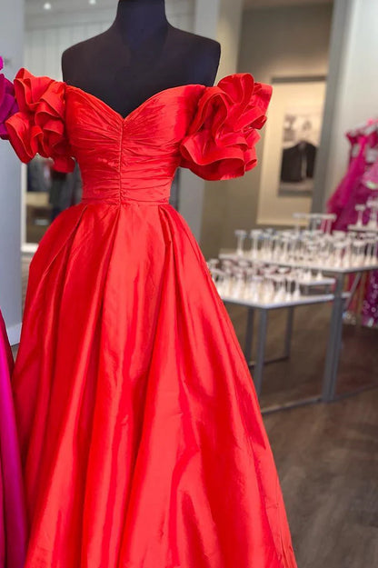 A-line off shoulder pleated sleeve ball gown