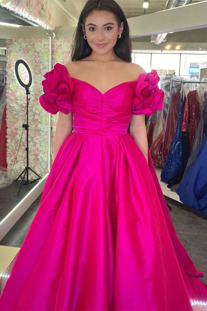 A-line off shoulder pleated sleeve ball gown