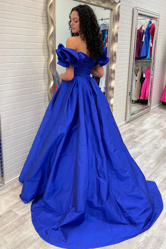 A-line off shoulder pleated sleeve ball gown