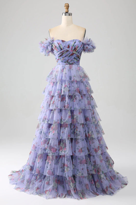 A-line off shoulder printed layered pleated dress