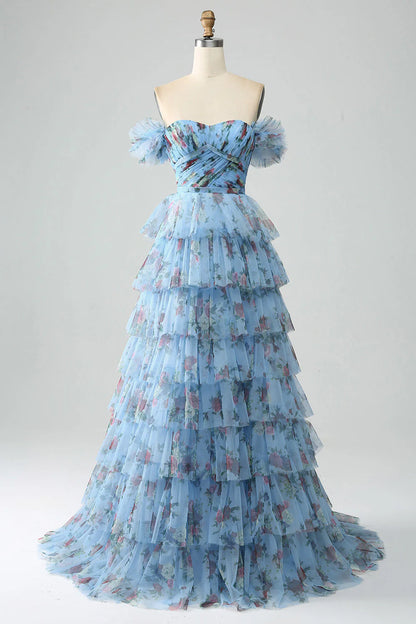 A-line off shoulder printed layered pleated dress