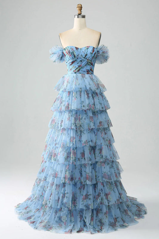 A-line off shoulder printed layered pleated dress
