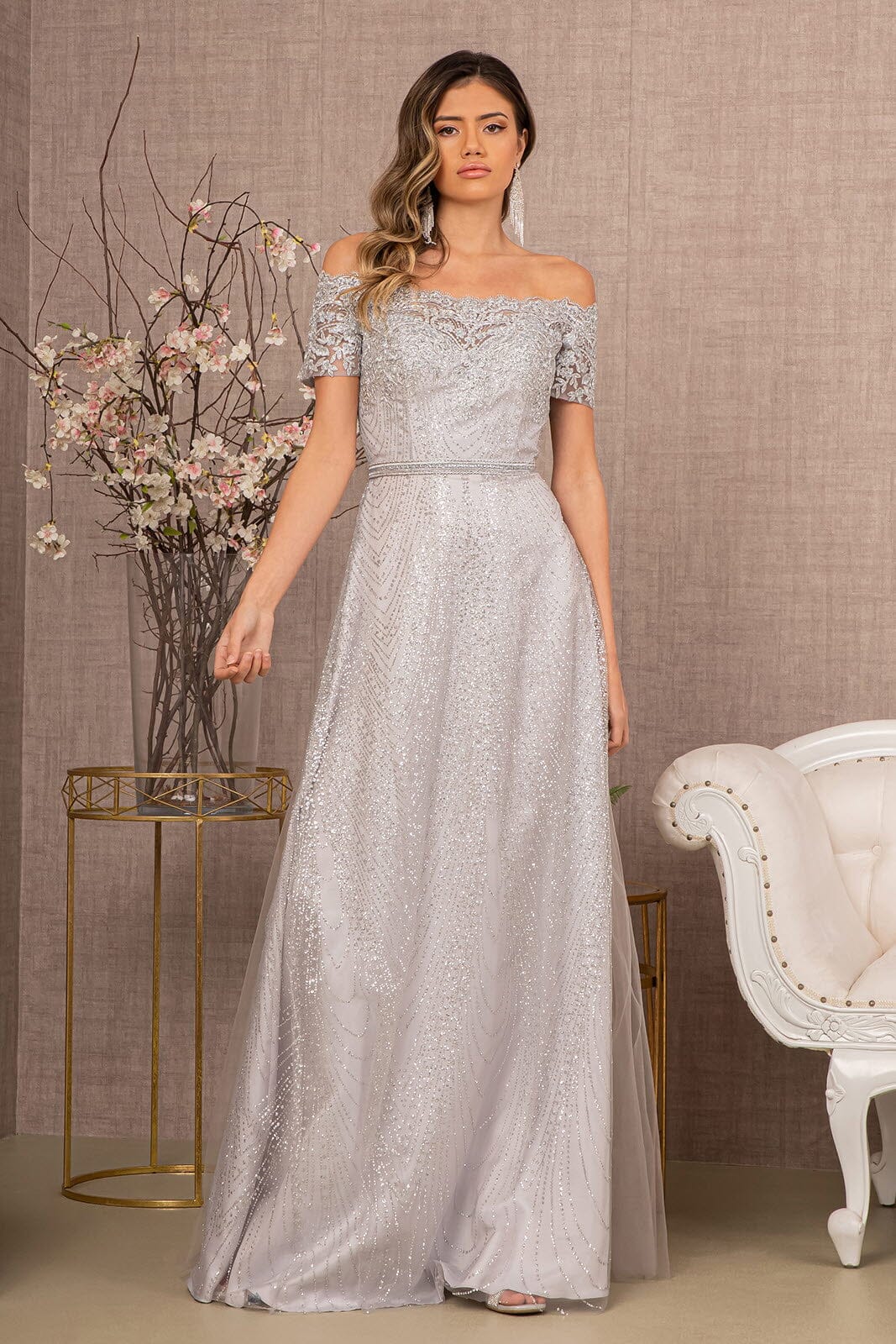 A-line off shoulder short sleeved dress with full diamond and sheer tail