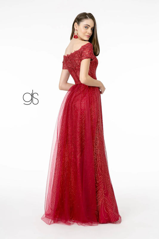 A-line off shoulder short sleeved dress with full diamond and sheer tail