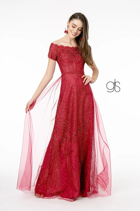 A-line off shoulder short sleeved dress with full diamond and sheer tail