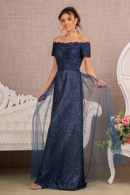 A-line off shoulder short sleeved dress with full diamond and sheer tail