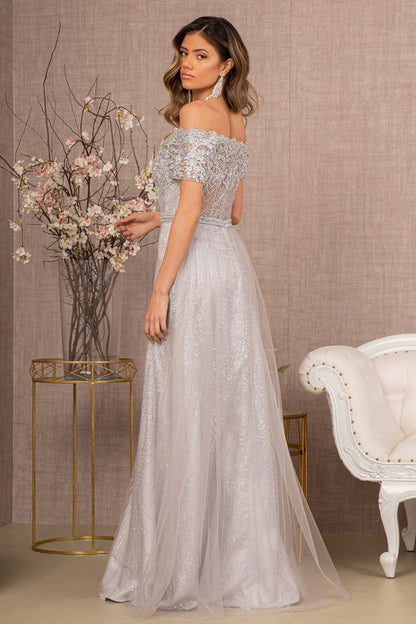 A-line off shoulder short sleeved dress with full diamond and sheer tail
