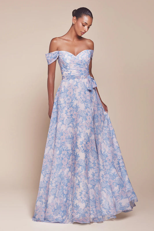 A-line printed off shoulder A-line formal dress