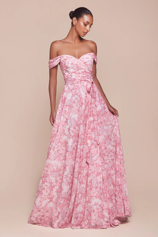 A-line printed off shoulder A-line formal dress