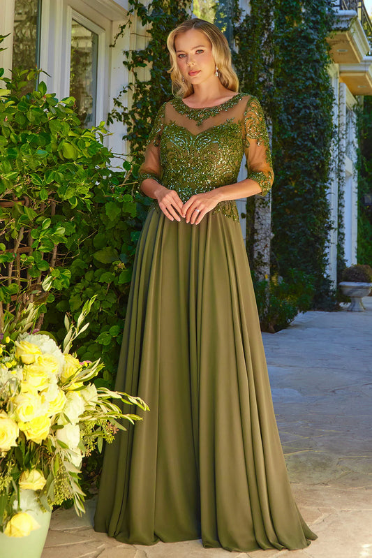 A-line round neck dress with lace rhinestone bridal mother outfit