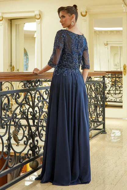 A-line round neck dress with lace rhinestone bridal mother outfit