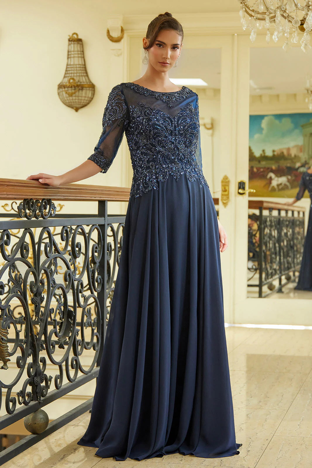 A-line round neck dress with lace rhinestone bridal mother outfit