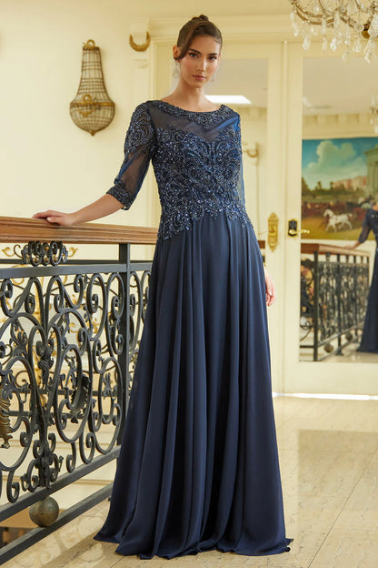 A-line round neck dress with lace rhinestone bridal mother outfit