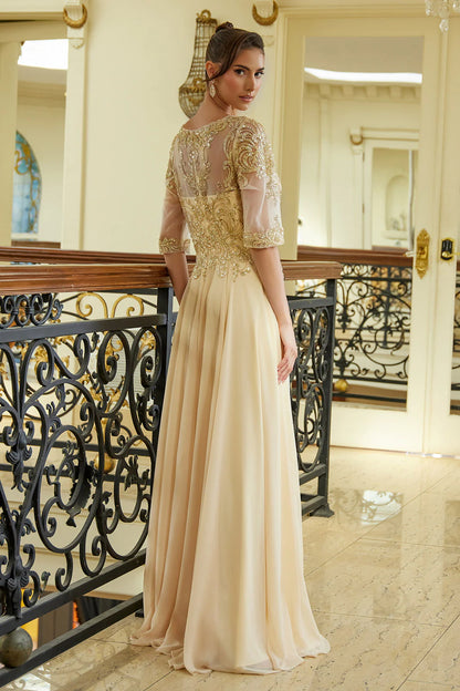 A-line round neck dress with lace rhinestone bridal mother outfit