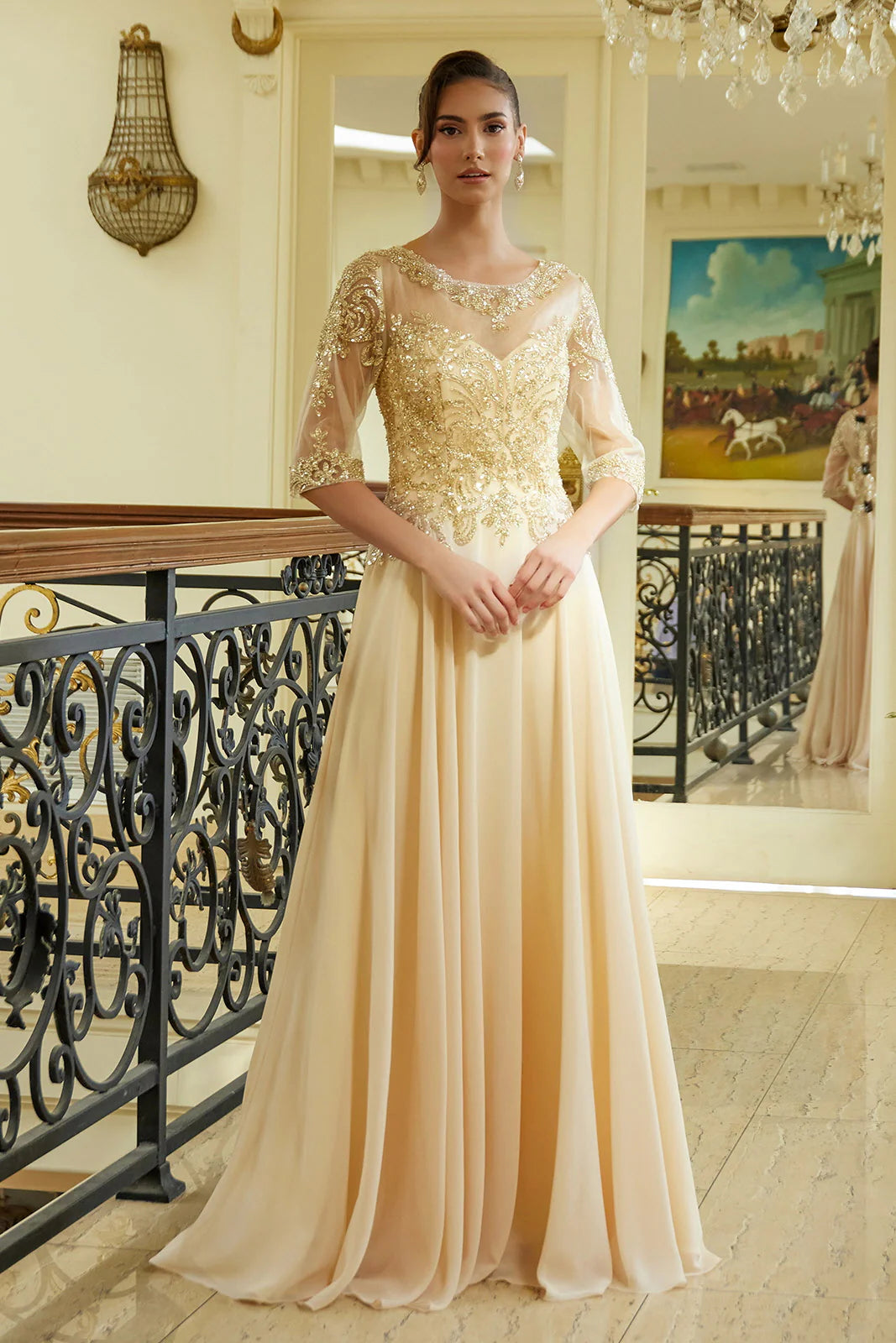 A-line round neck dress with lace rhinestone bridal mother outfit