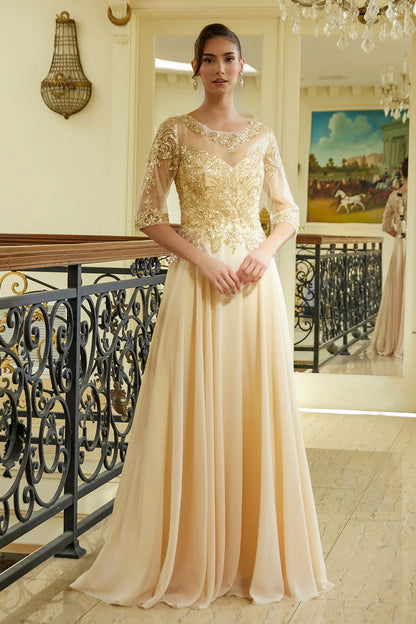 A-line round neck dress with lace rhinestone bridal mother outfit