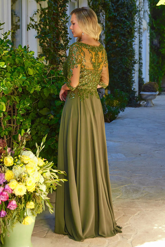 A-line round neck dress with lace rhinestone bridal mother outfit