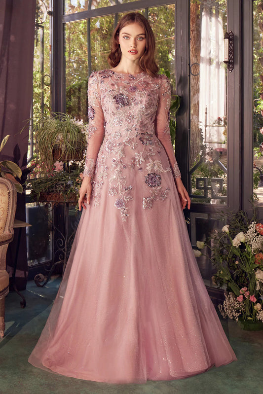 A-line round neck long sleeved dress with back hollowed out embroidery